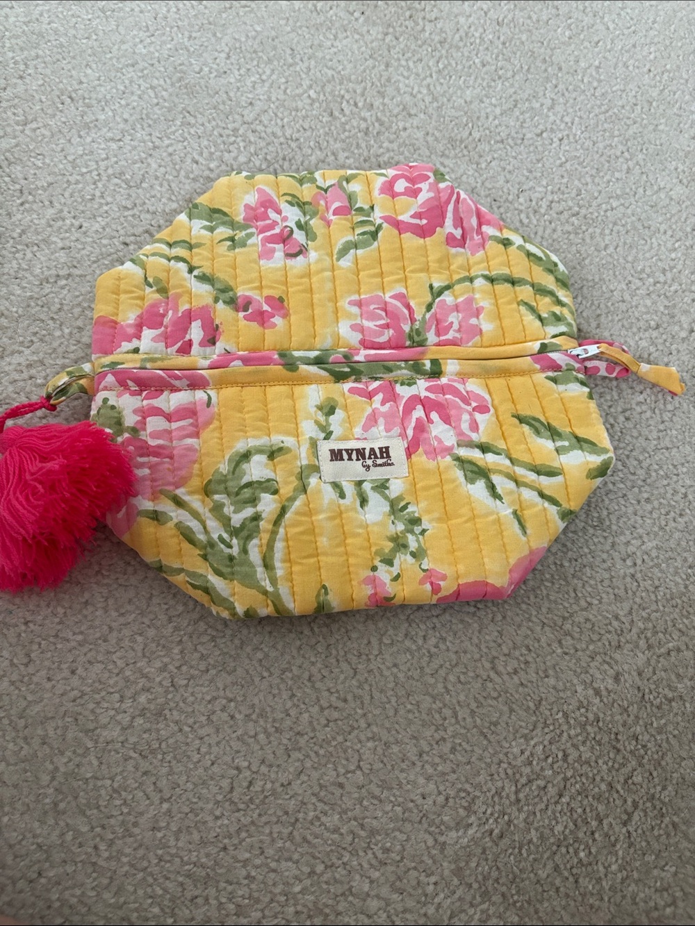 Mynah Floral Quilted Cosmetic Pouch in Yellow & Pink